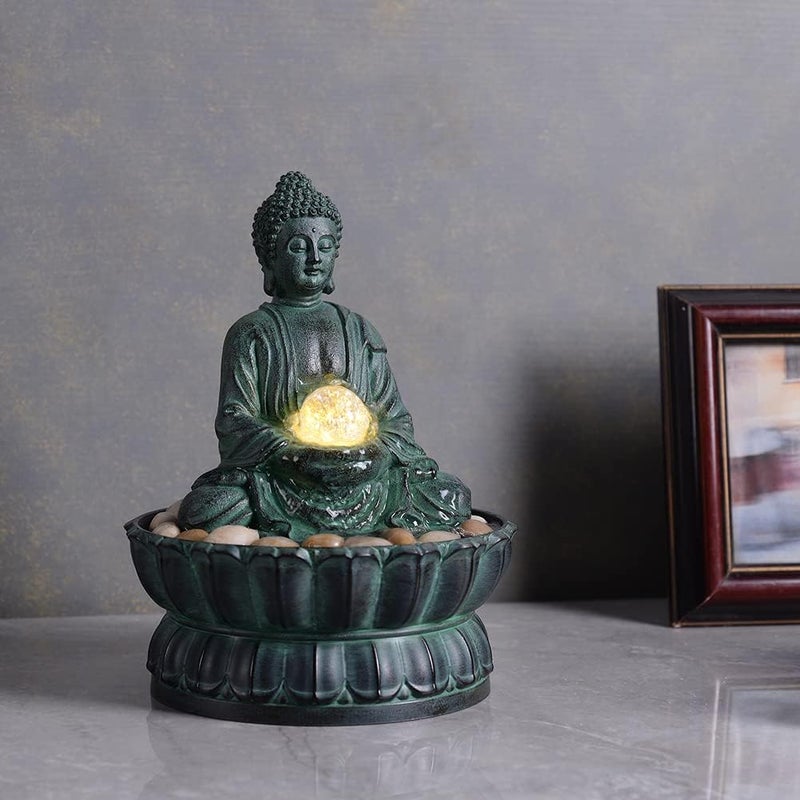 Haobos Indoor Tabletop Fountain Buddha Exquisite Sitting Meditation Statue, Desk-Top Water Fountain Decorative Zen Fountain w/Glass Rolling Ball/LED/Stone for Office/Home/feng Shui Decor 9.4" - Image 2